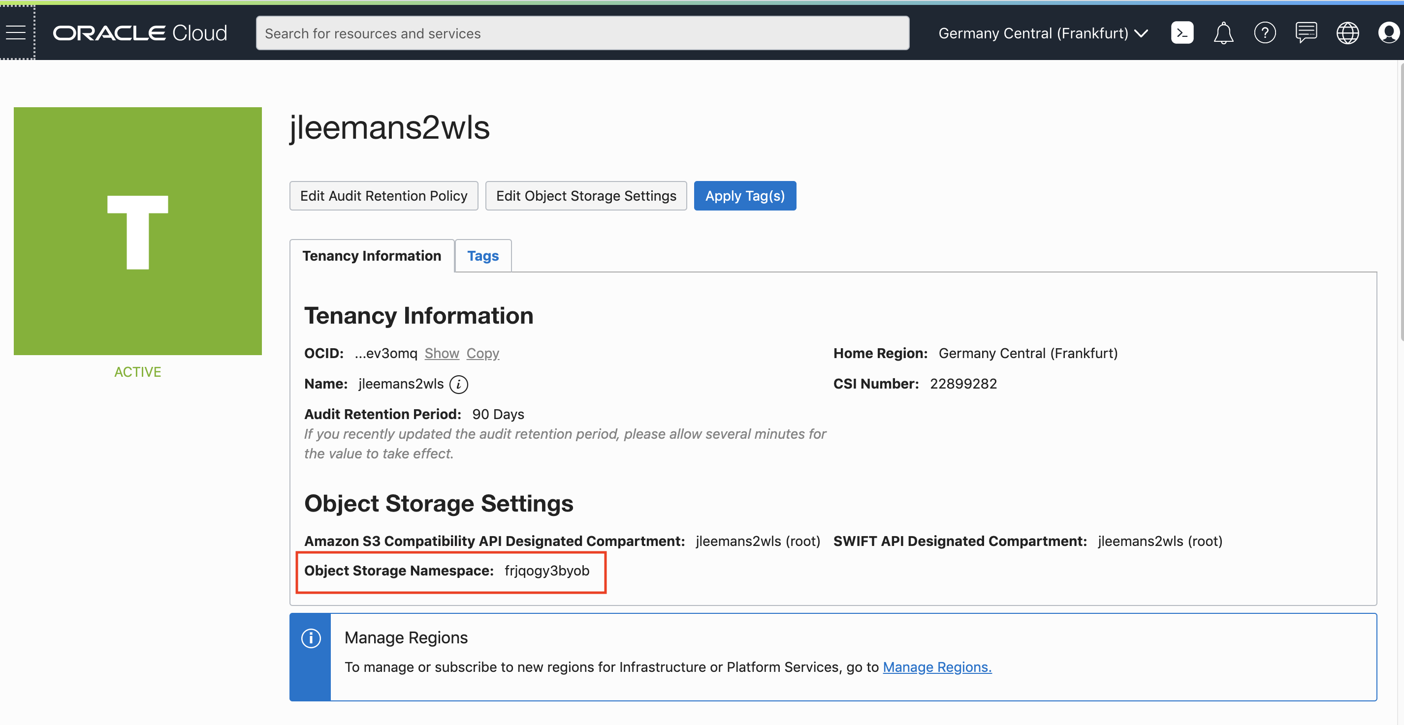 Locating the object storage namespace for your tenancy