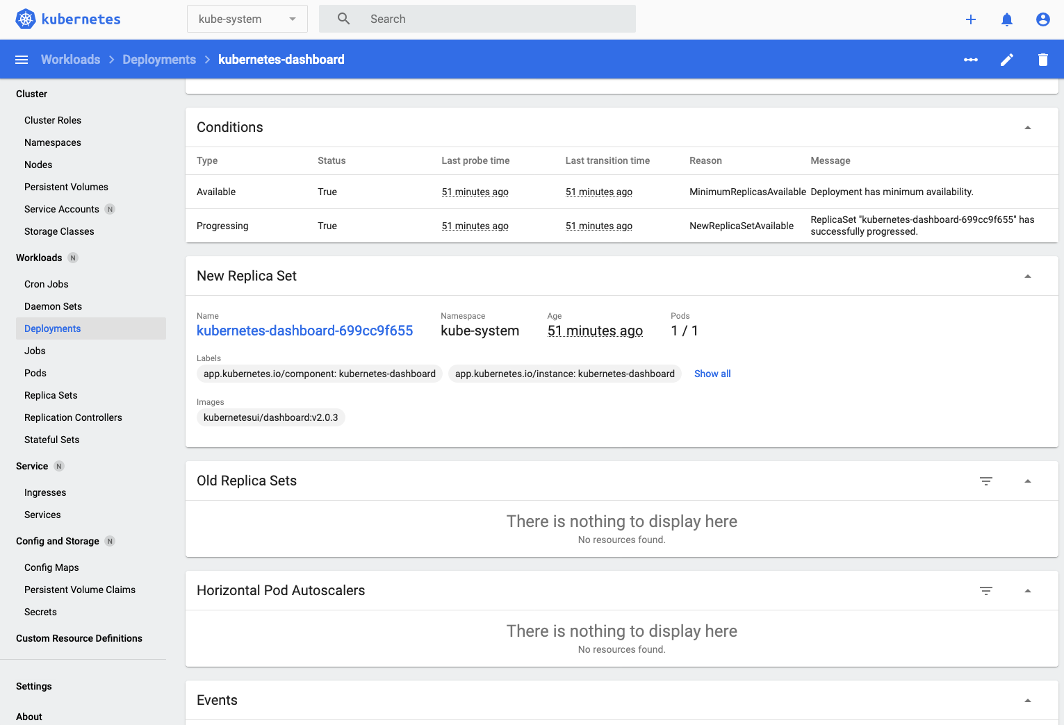 List of replica sets for the kubernetes dashboard deployment