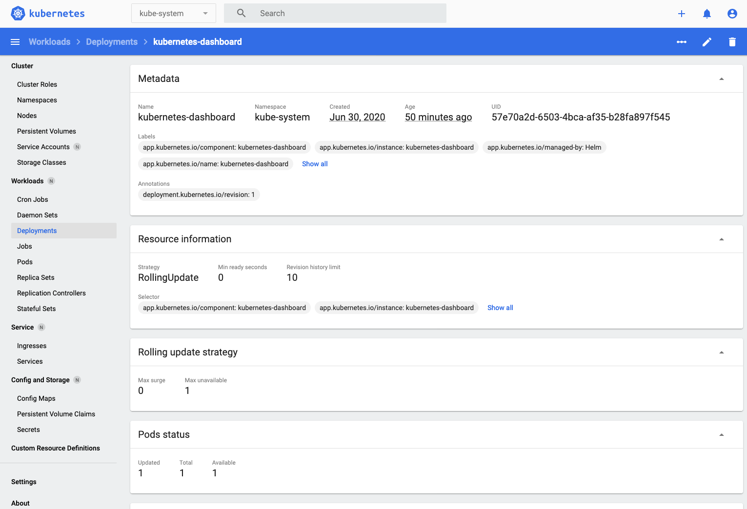 Looking at kubernetes dashboard deployment