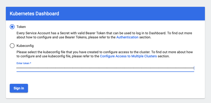Logging in to the Kubernetes dashboard service