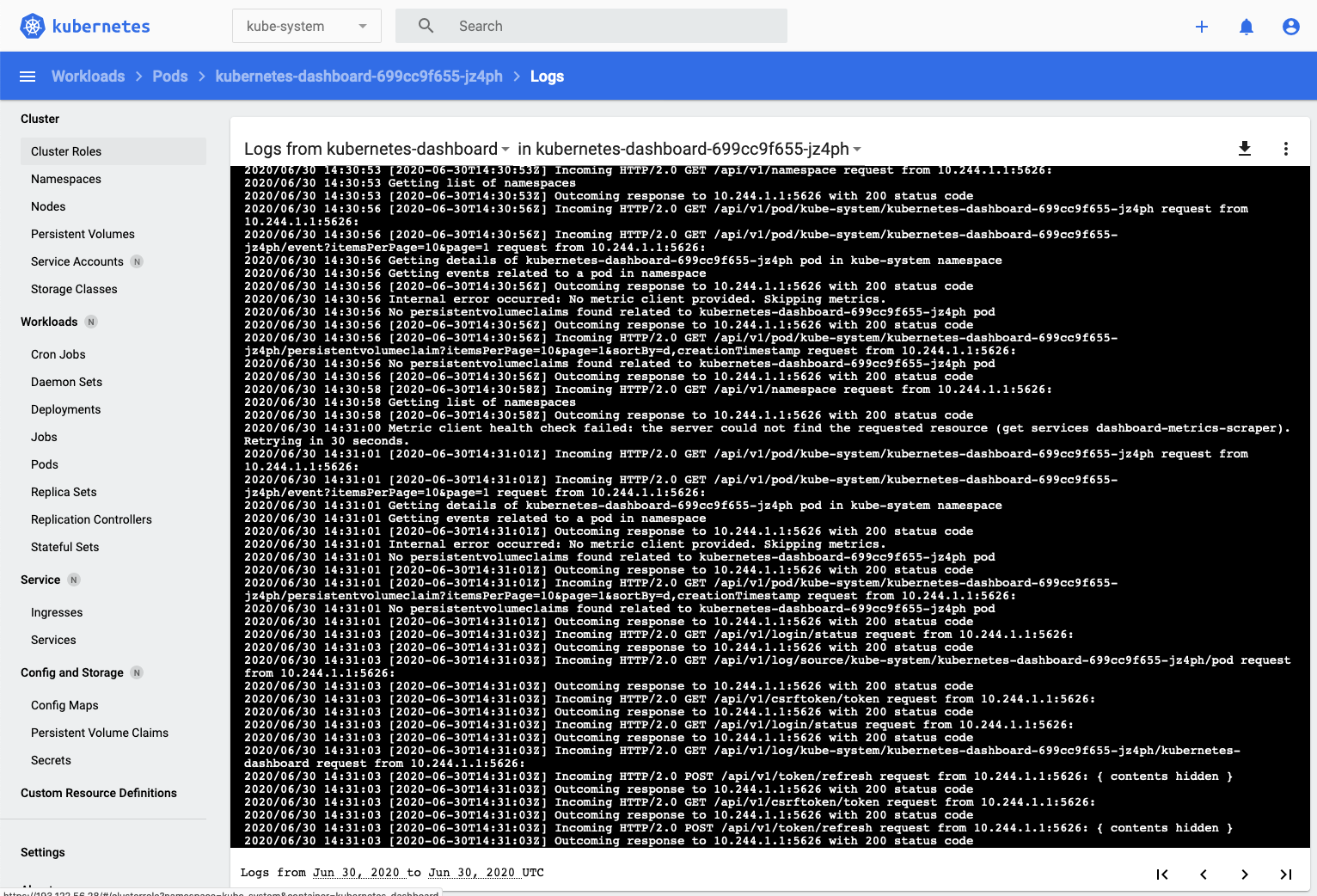 Using the dashboard to look at the logs for the kubernetes dashboard