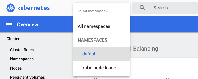 Selecting the namespace in the kubernetes dashboard
