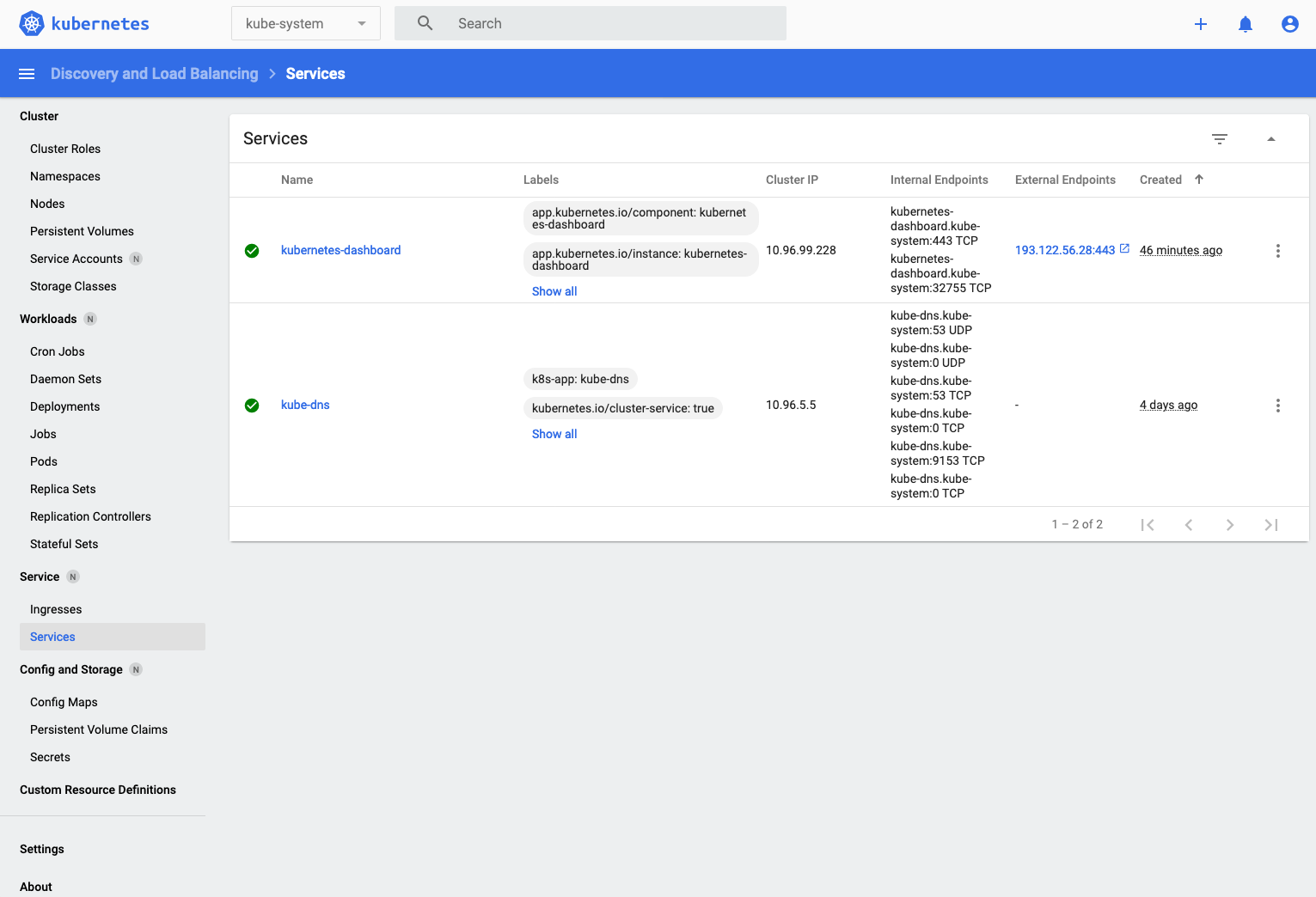 List of services in the kube-system namespace