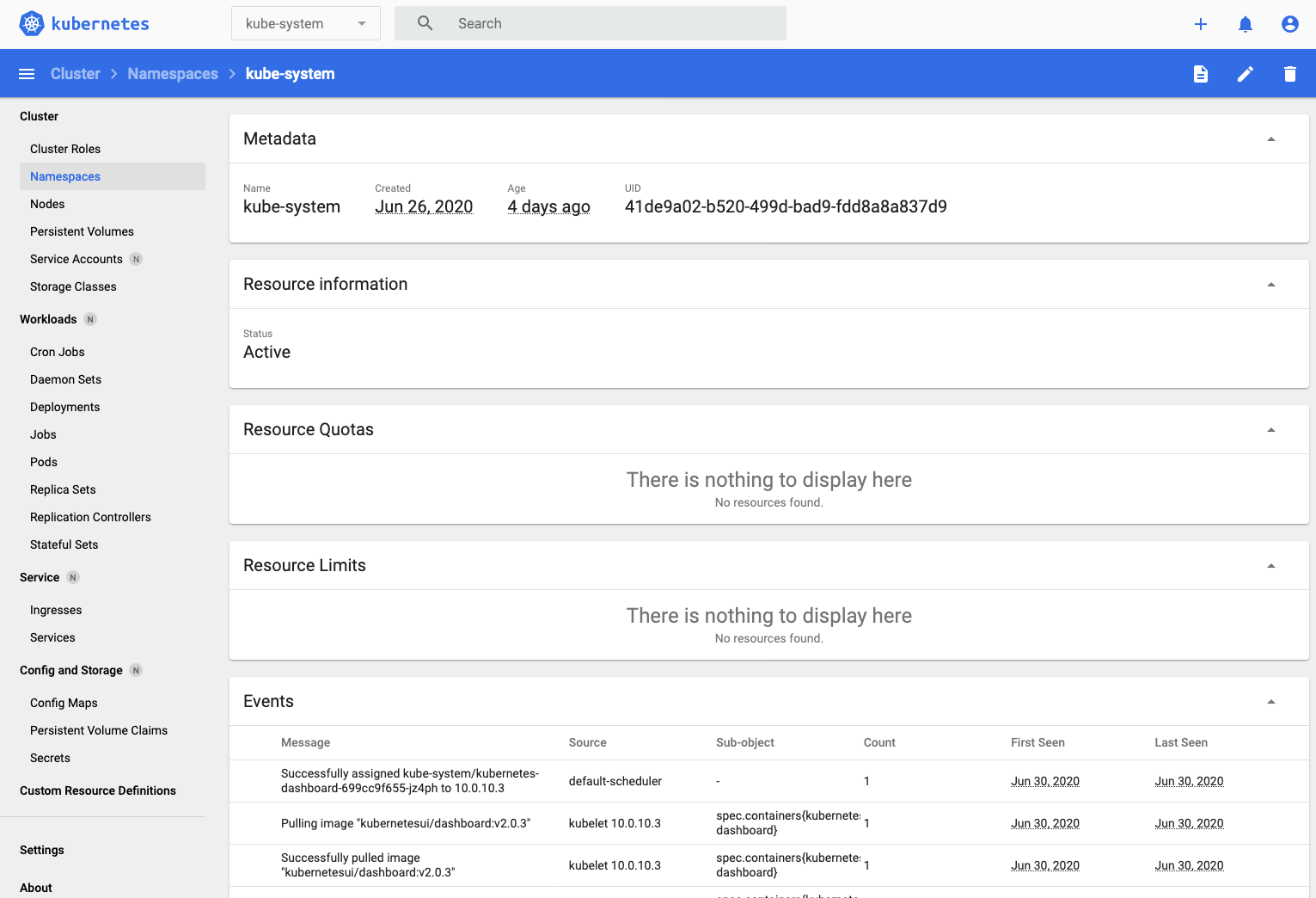 Overvide of the kube-system namespace in the dashboard