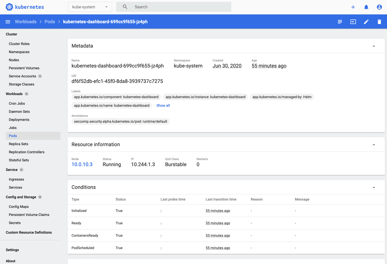 The pod details of the kubernrtes dashboard