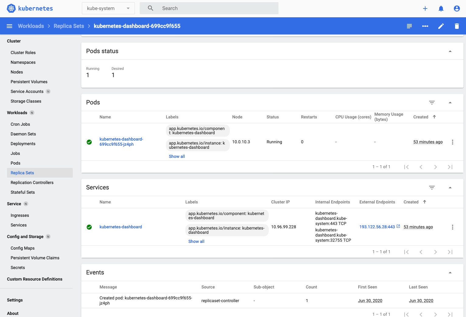 Details of a specific replica set for the kubernetes dashboard