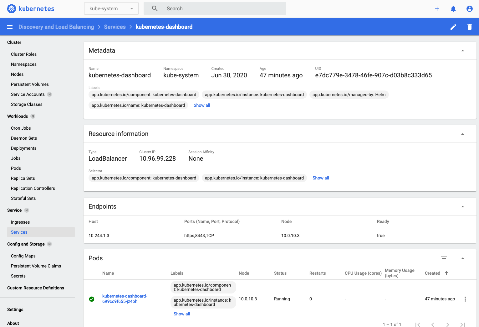 Details of the kubernetes dashboard service itself