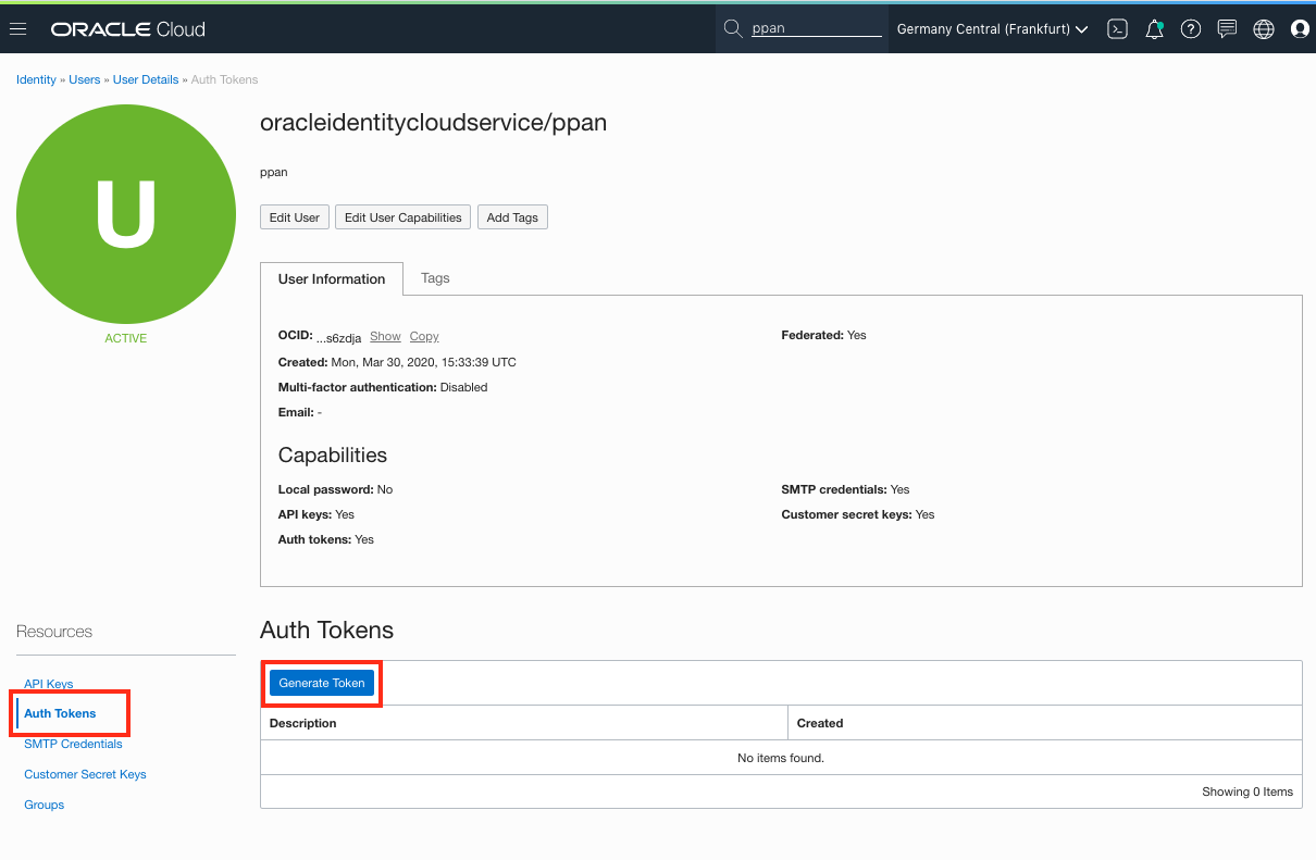 Opening the auth tokens page for your user