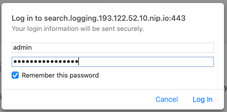 Entering the password to access our elastic service