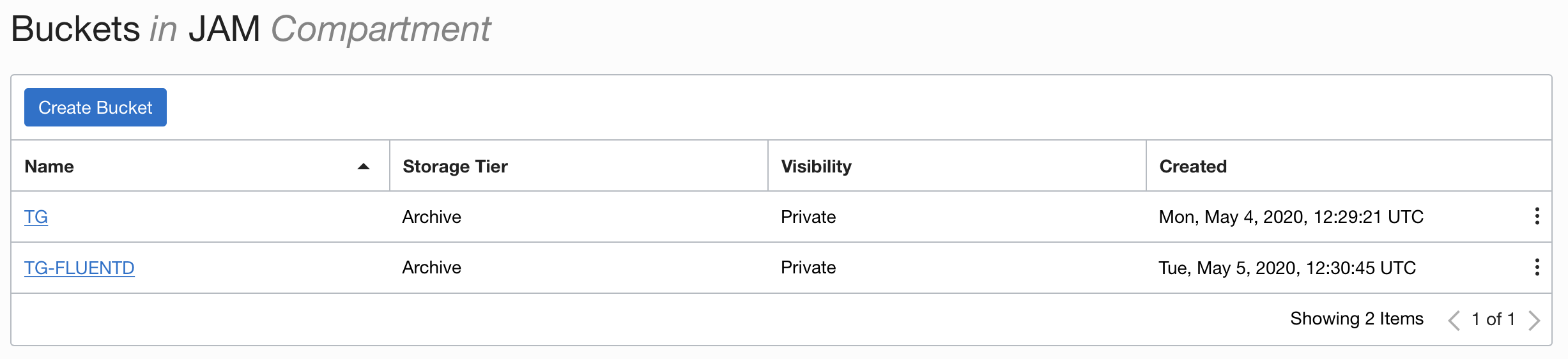 Object storage buckets list after creating your new bucket