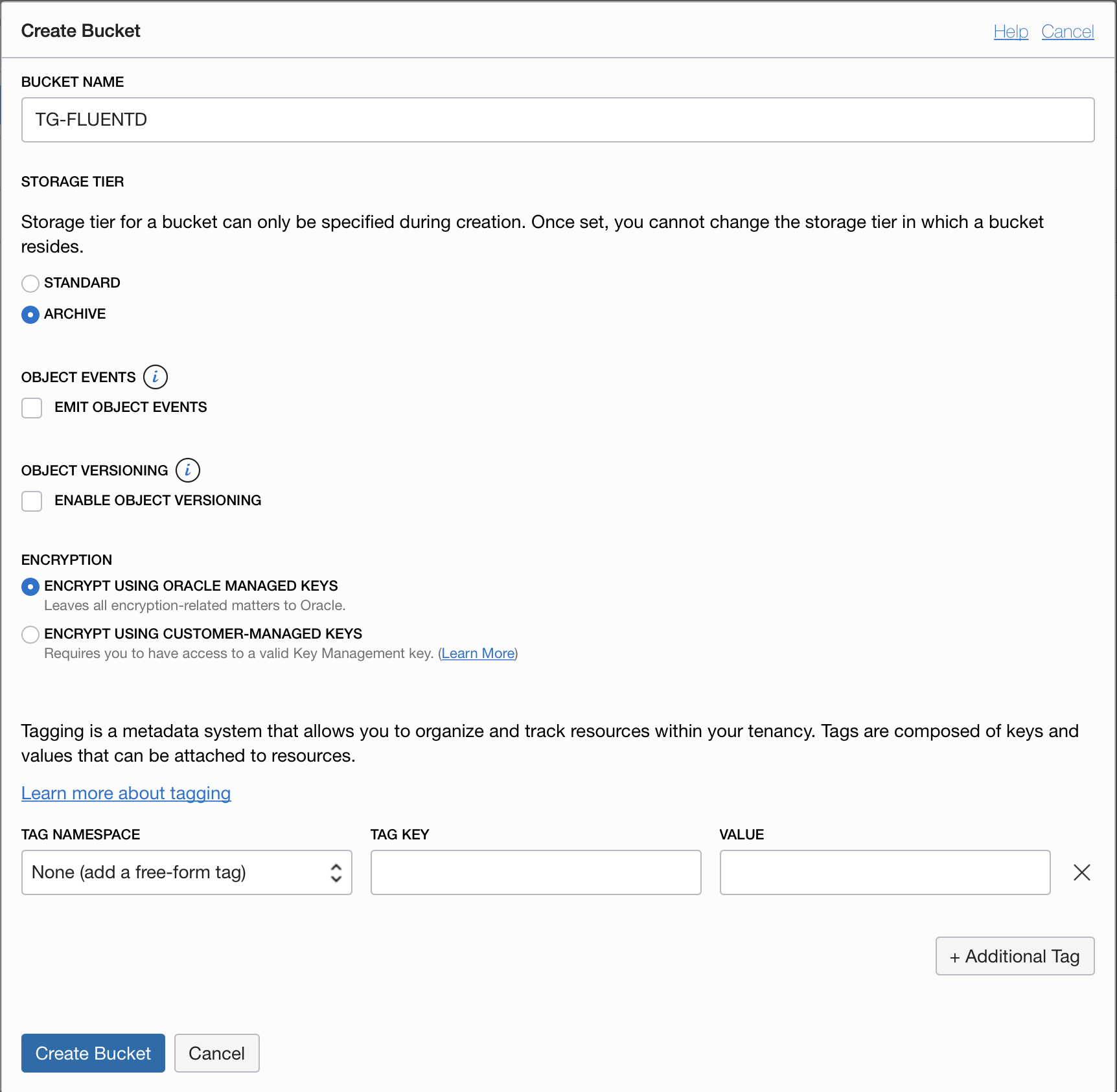 Creating a new object storage bucket