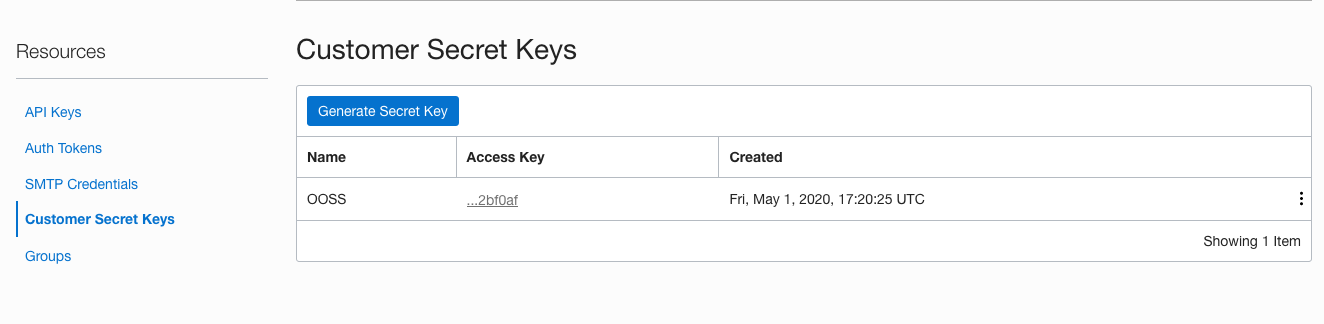 Customer secret keys list