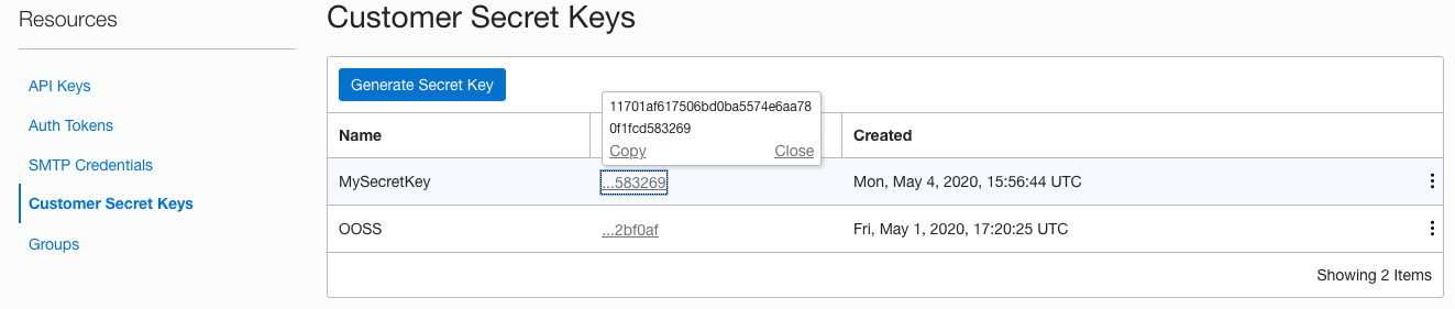 Getting the access key for the new secret key