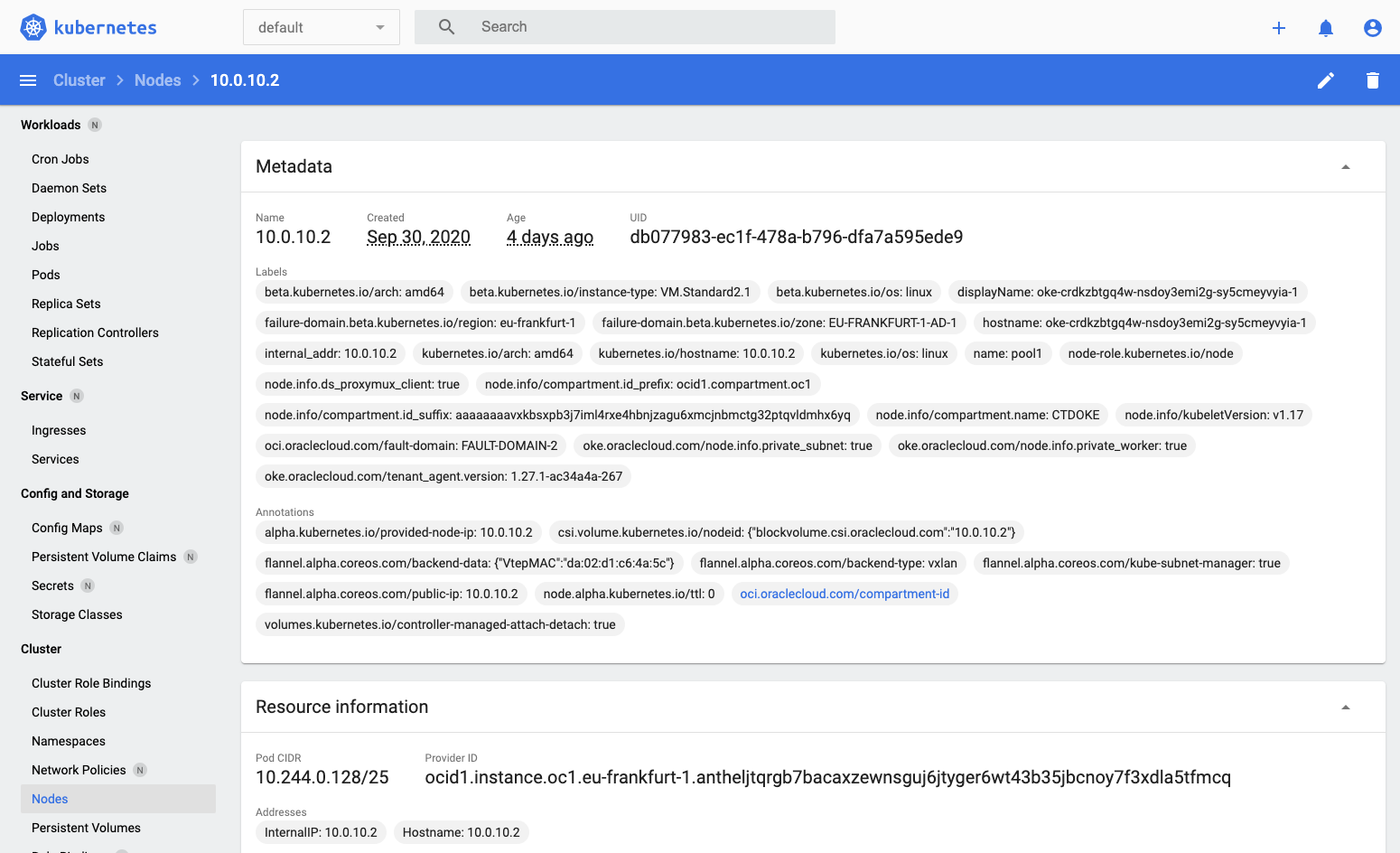 Details of a worker node in the dashboard
