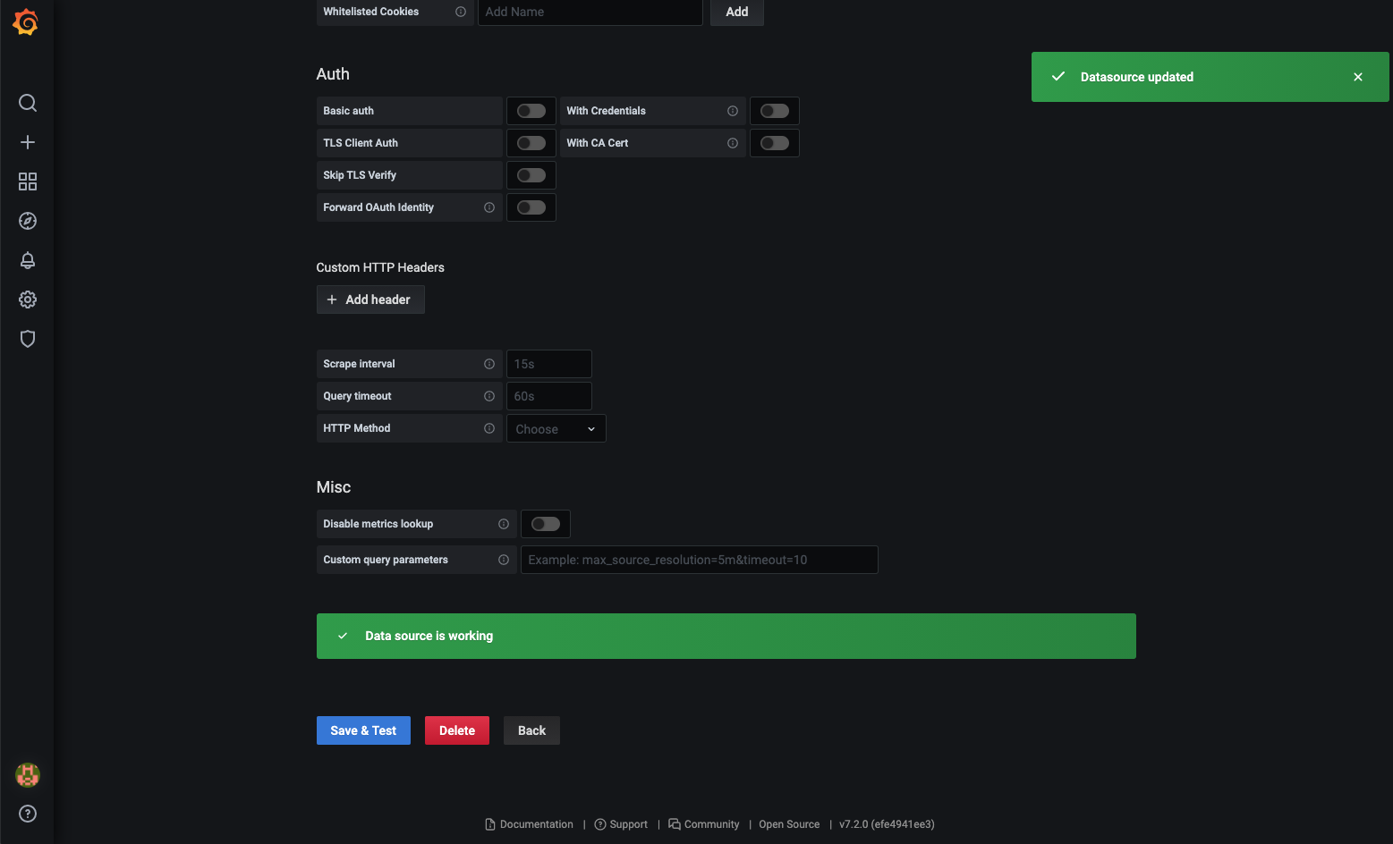 The saved Promethus data source configured in Grafana