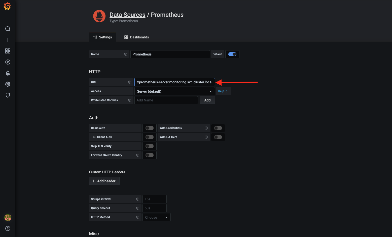 Completing the details for the Prometheus data source