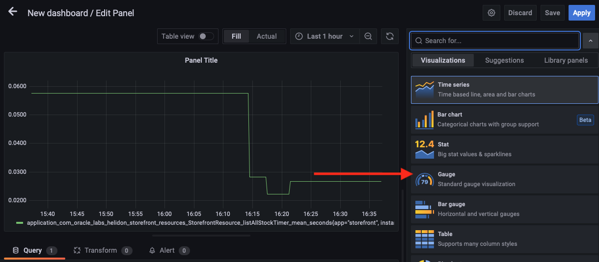 Selecting the gage visualisation type for the third panel