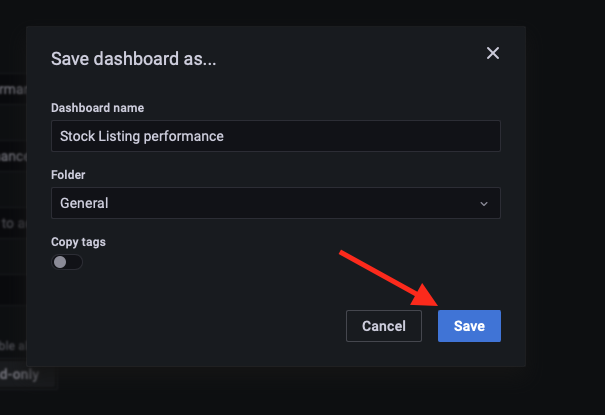 Dashboard save dialogue box