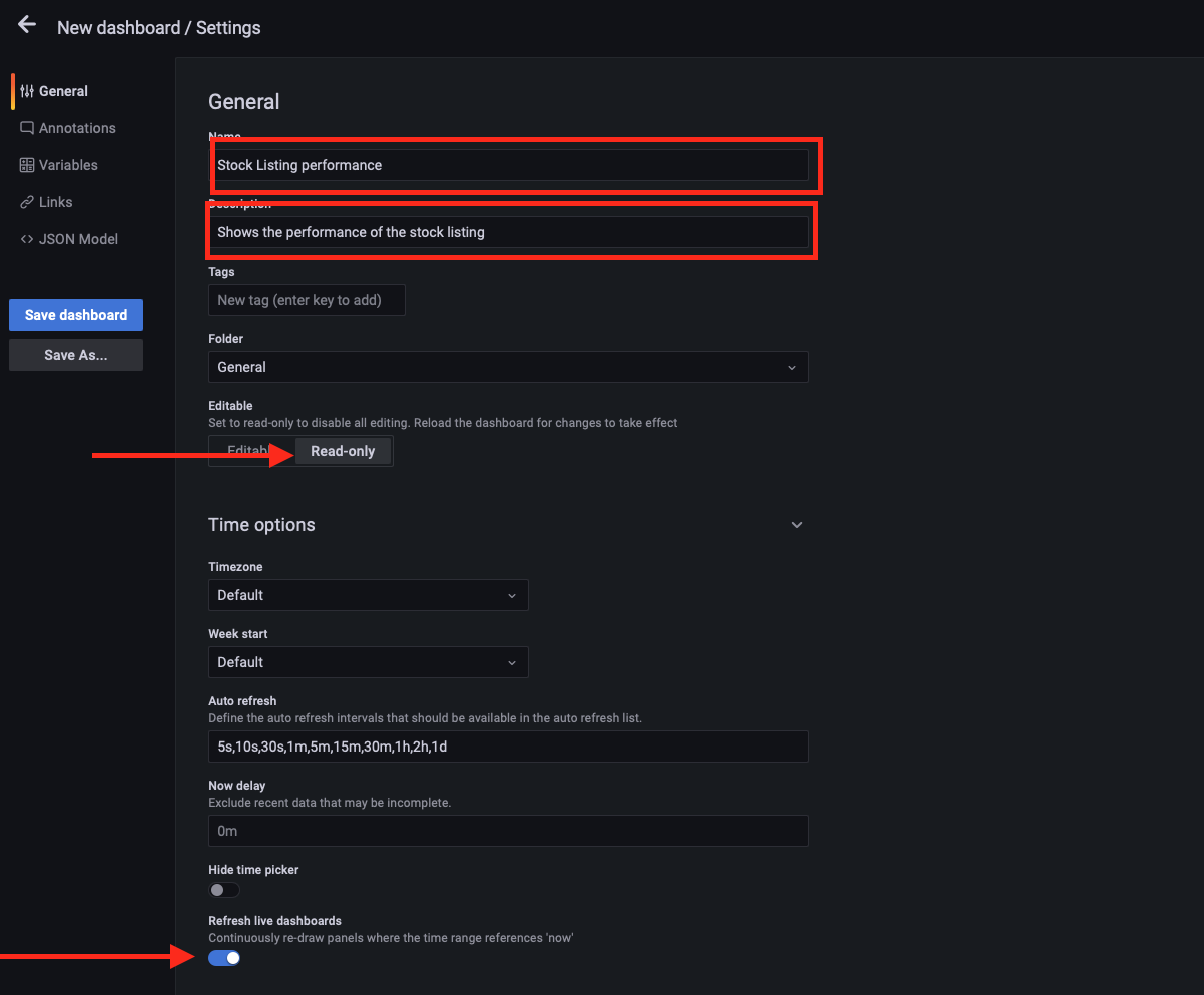 Settign the dashboard name