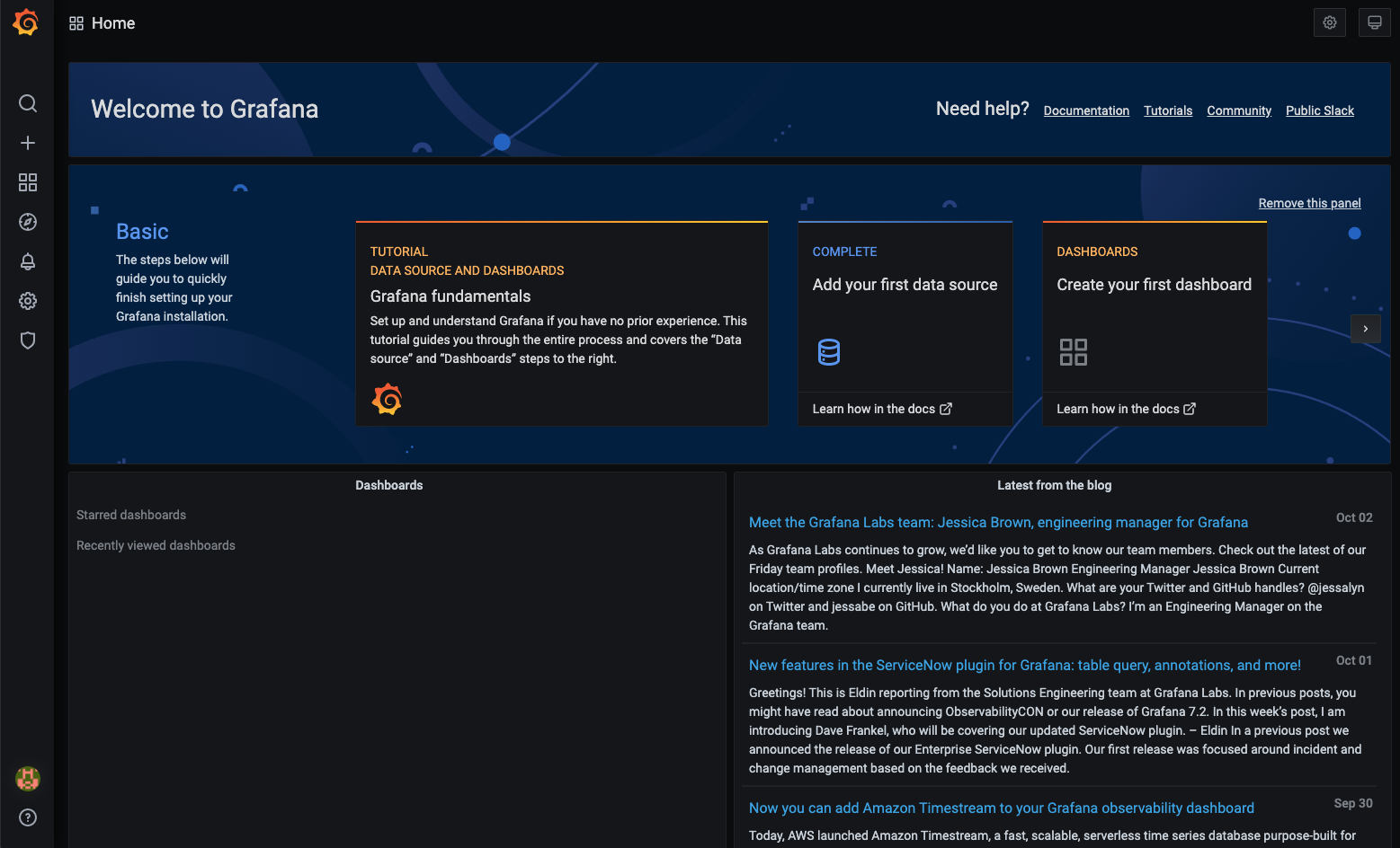 The Grafana home page with a data source