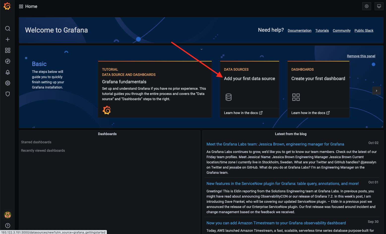 Initial pre-configuration Grafana page