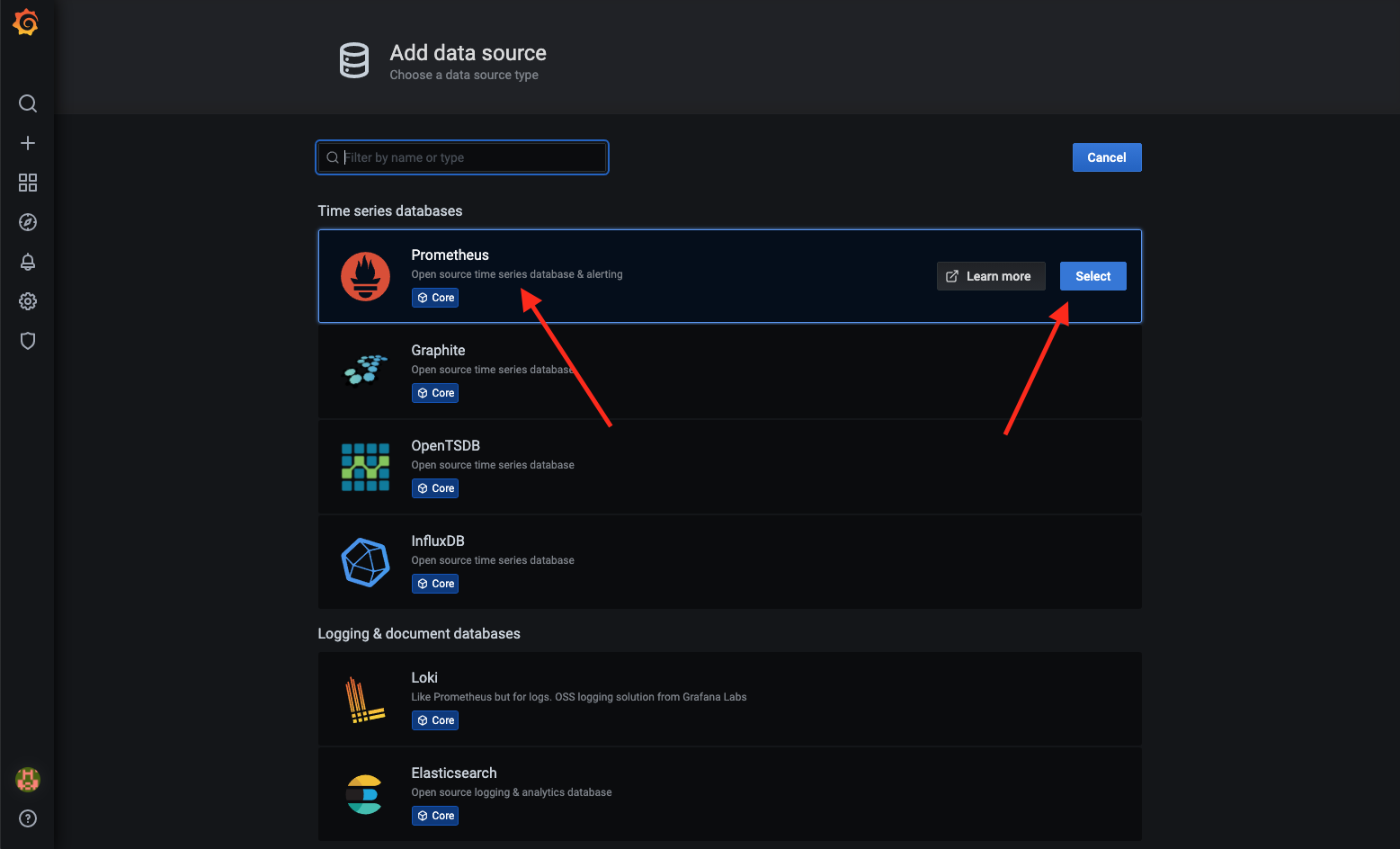 List of potential data sources for Grafana