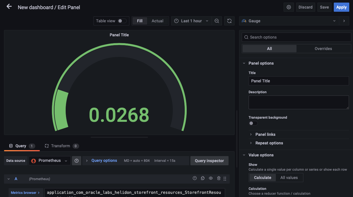 Accessing the options for the third panel gauge visual type