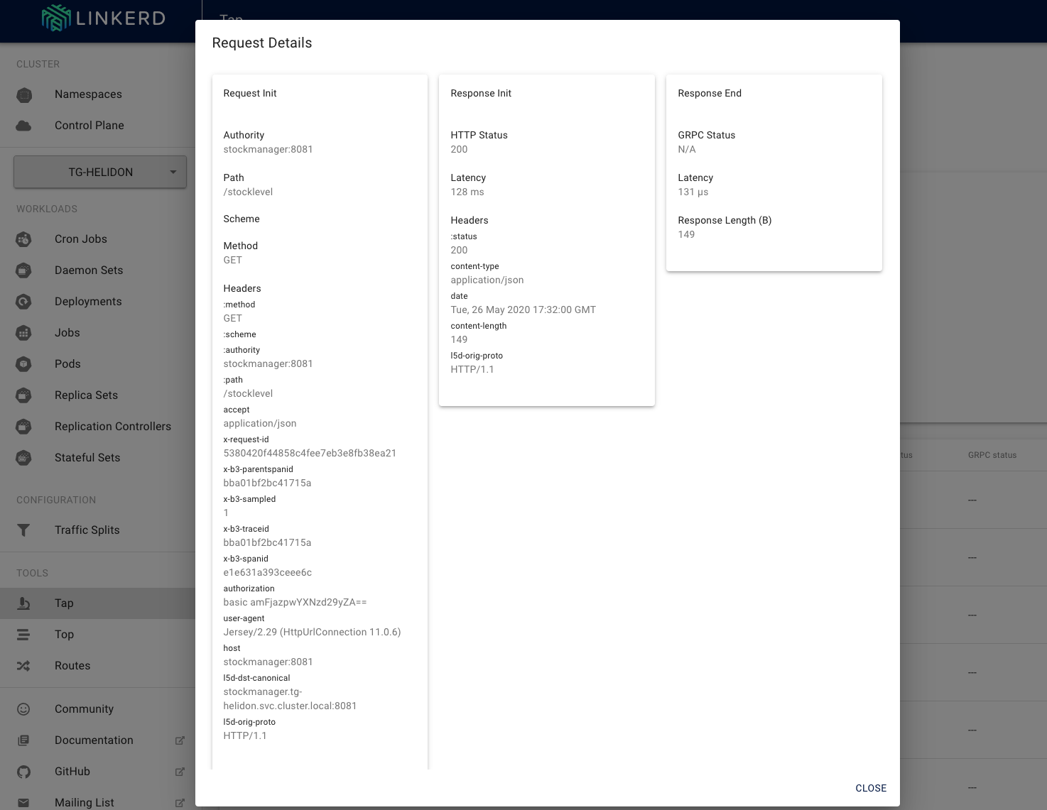 Examining the details of a request using the tap tool