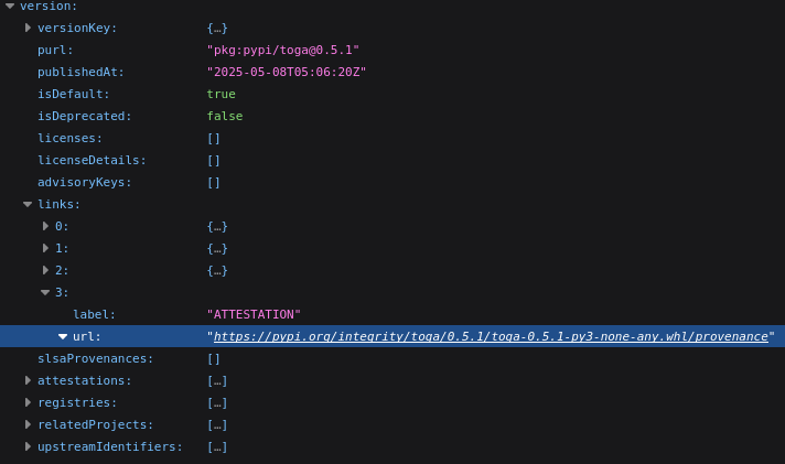 Open Source Insight's API result for toga package