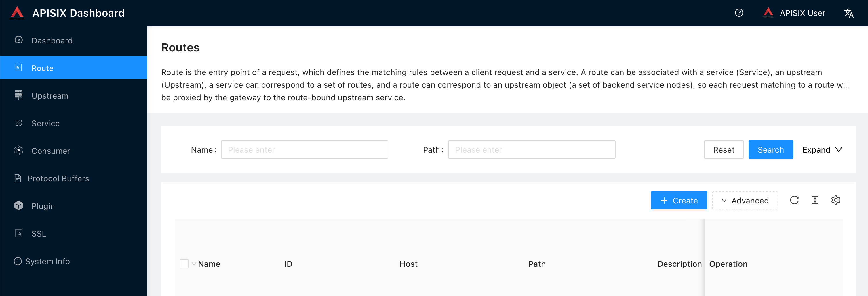 APISIX Dashboard route list