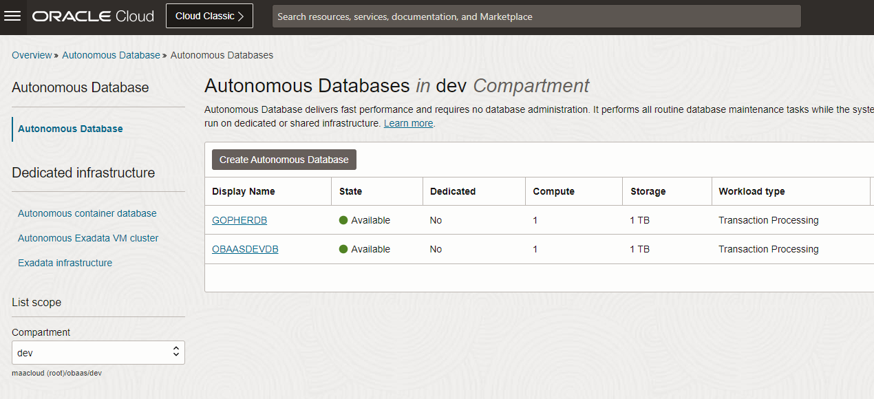 List of Oracle Autonomous Database instances