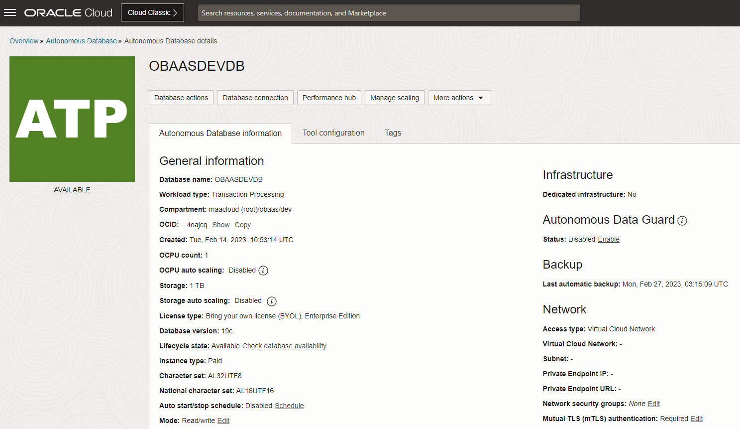 Details of Oracle Autonomous Database instance