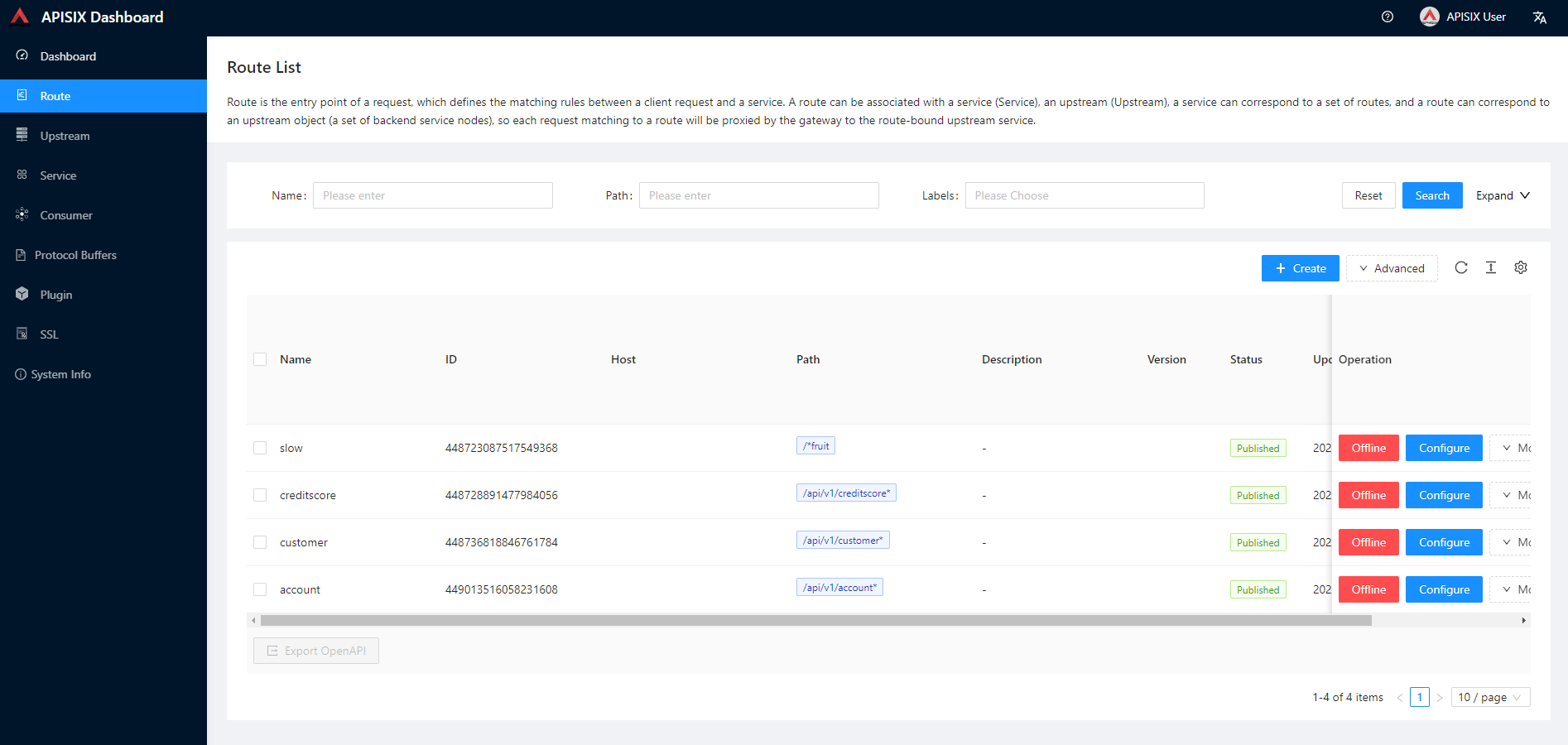 APISIX Dashboard route list