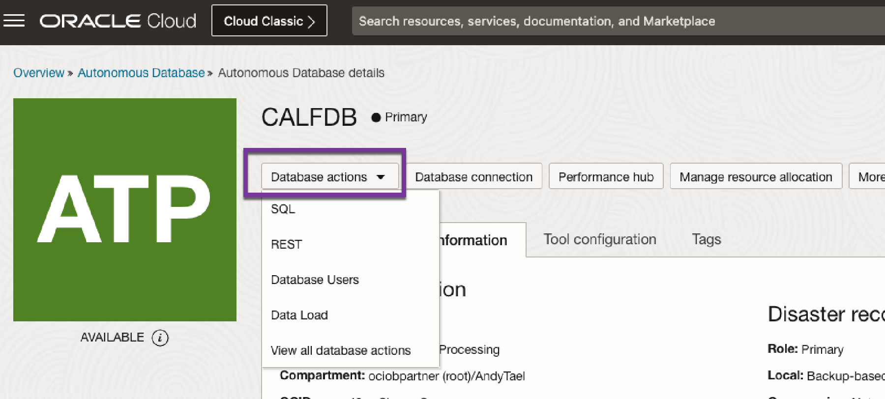 Oracle Autonomous DB Details