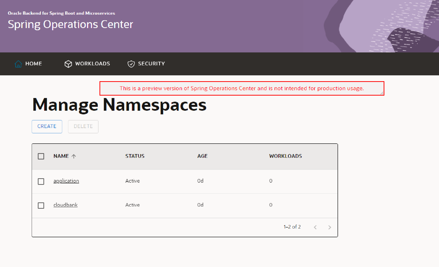 SOC Manage Namespaces screen