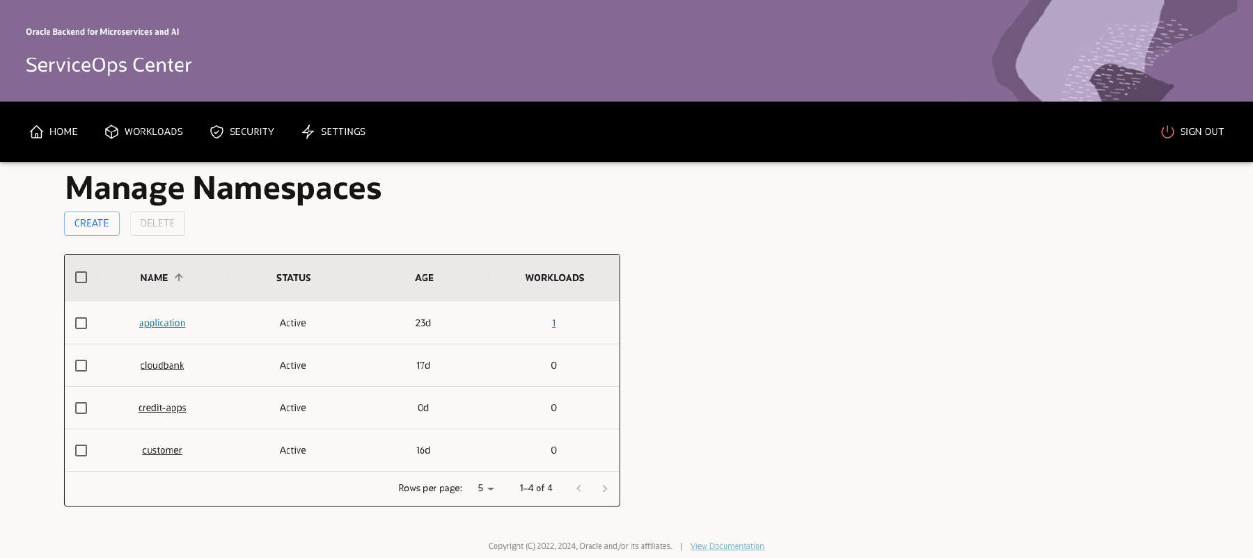 SOC Manage Namespaces screen