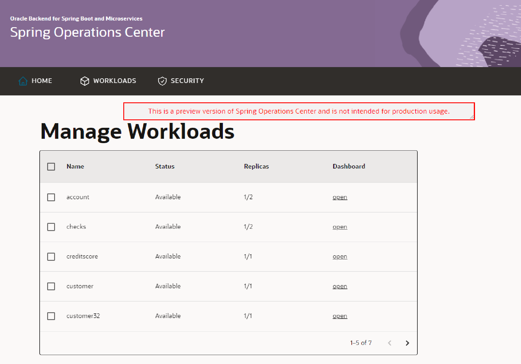 SOC Manage Workloads screen