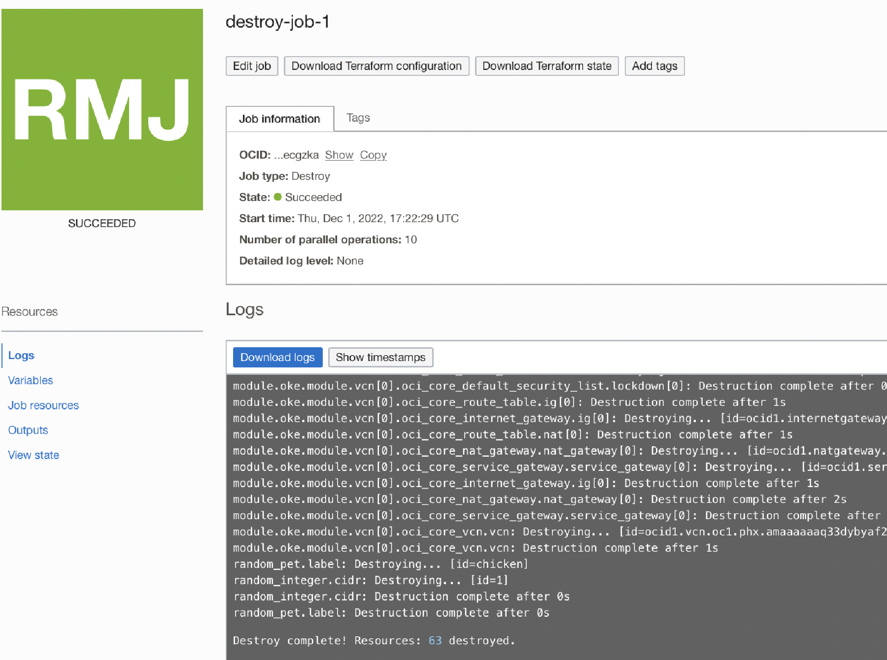 OCI Stack Destroy Logs