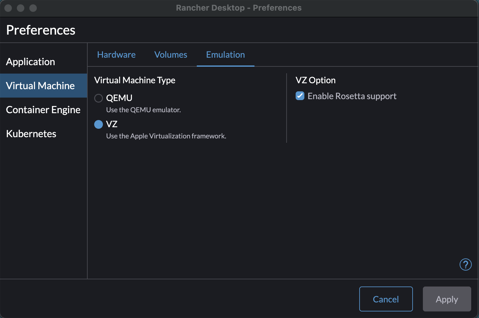 Rancher Desktop Virtual Machine Emulation